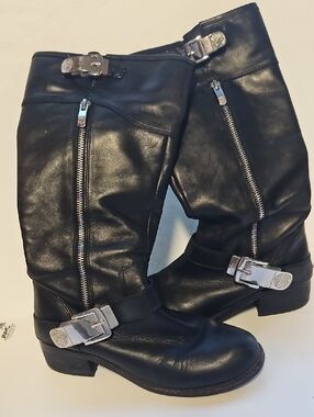 Vince Camuto Black Leather Mid-Calf Buckle & Zip Boots
